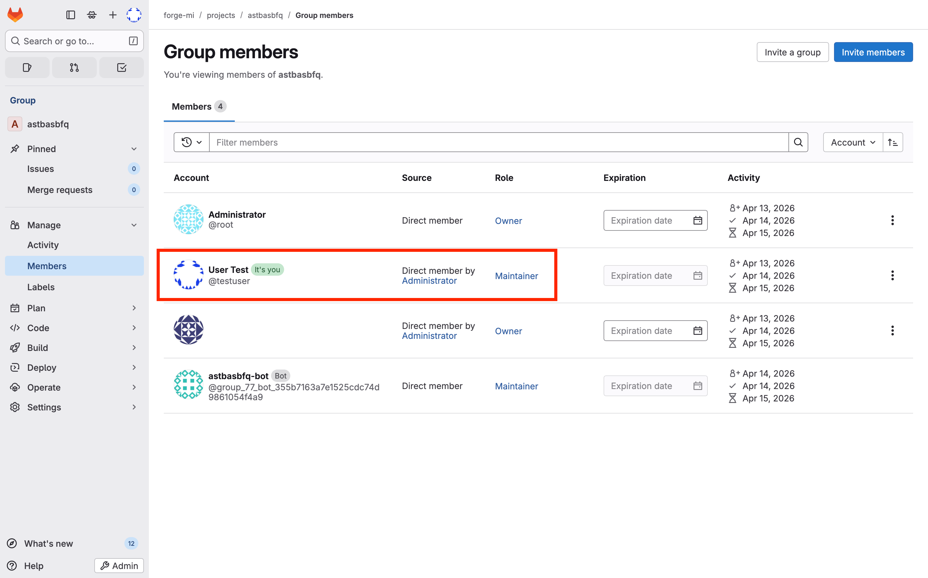 GitLab - membres du groupe